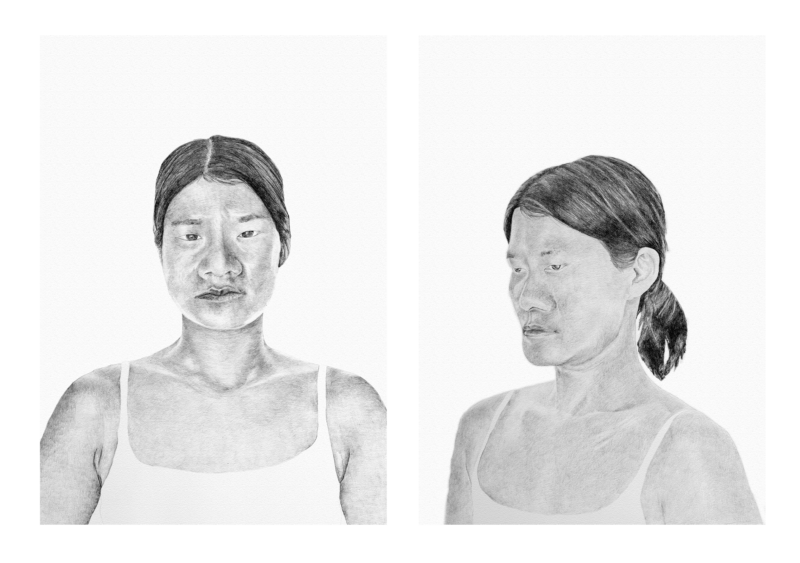 sketched portrait showing a woman looking into the camera and off to the side