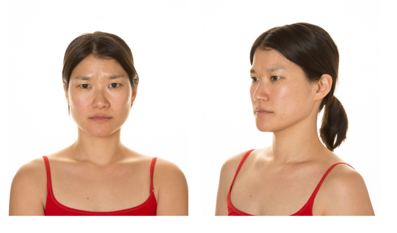 the artist shown without makeup, looking into the camera and off to the side.