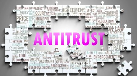 Antitrust as a complex subject, related to important topics. Pictured as a puzzle and a word cloud made of most important ideas and phrases related to antitrust. ,3d illustration