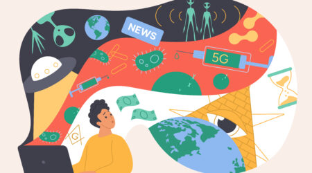 Fake news, online conspiracy theory and impact of disinformation. Tiny man and false facts flow from computer screen, delusion about vaccine and virus, aliens, 5G danger cartoon vector illustration