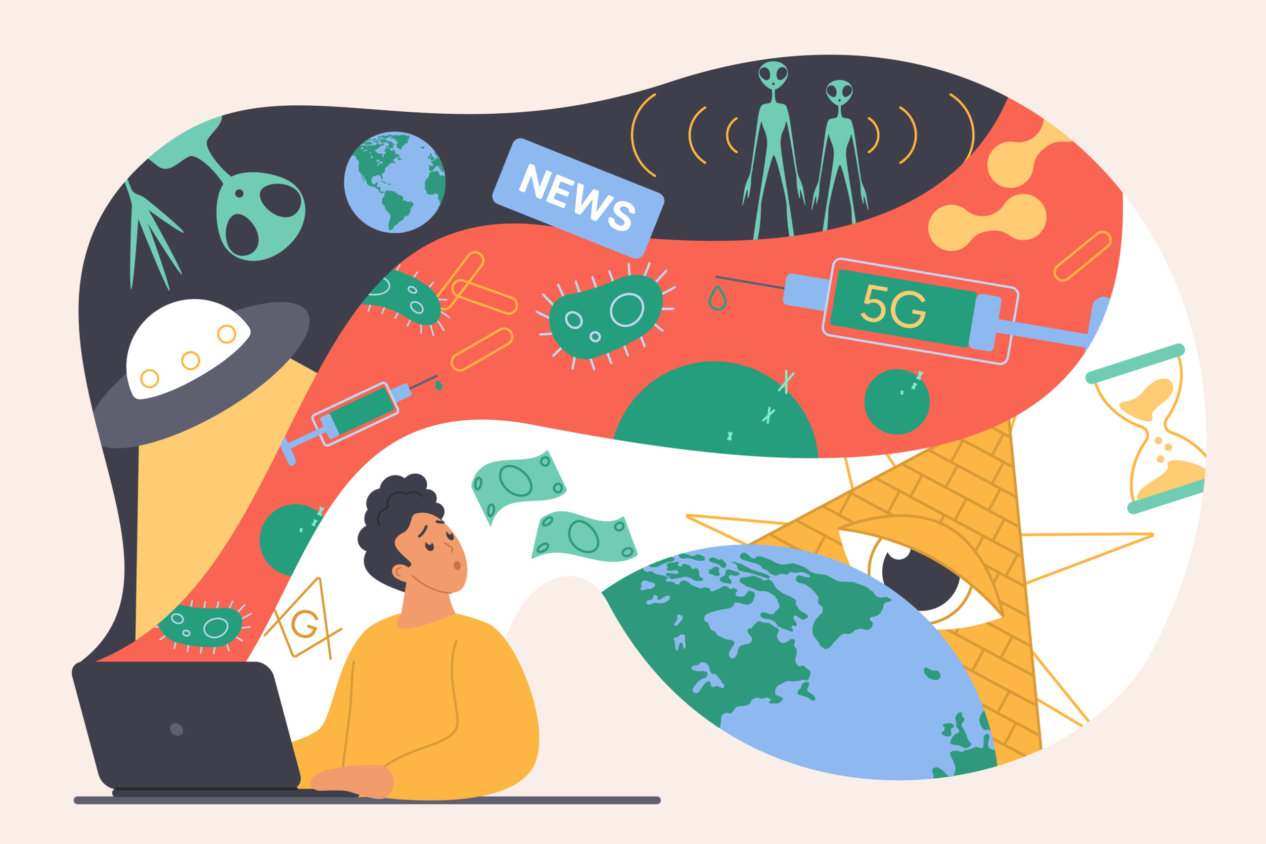 Fake news, online conspiracy theory and impact of disinformation. Tiny man and false facts flow from computer screen, delusion about vaccine and virus, aliens, 5G danger cartoon vector illustration