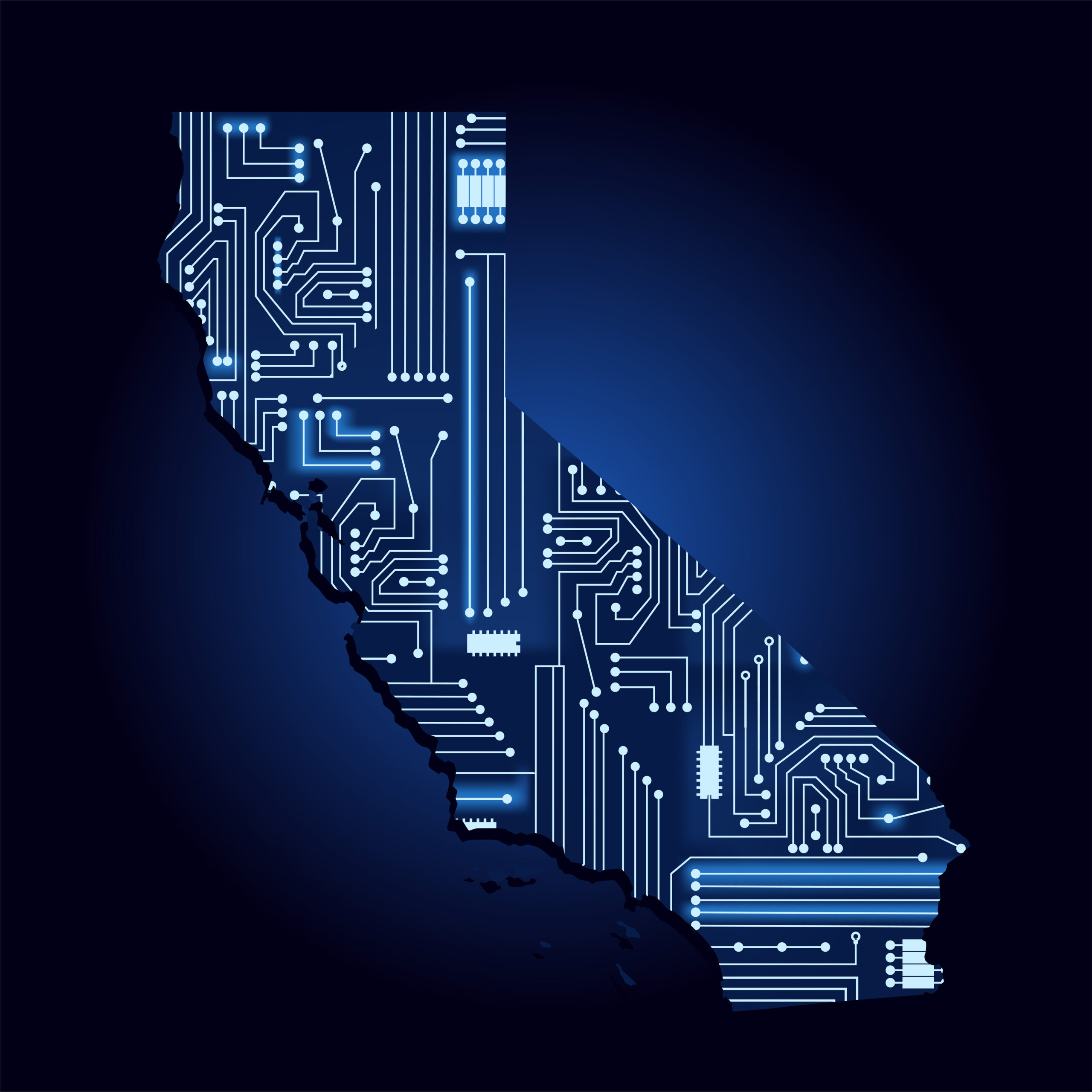 map of california with a silicon chip overlay
