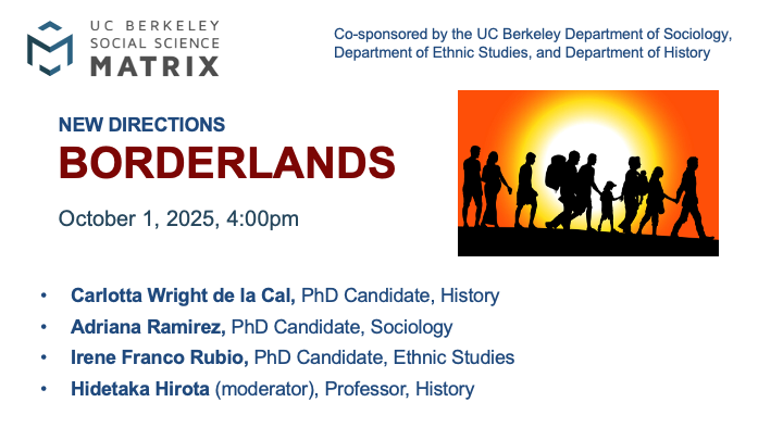 borderlands slide - includes an image of people migrating in front of a sun.