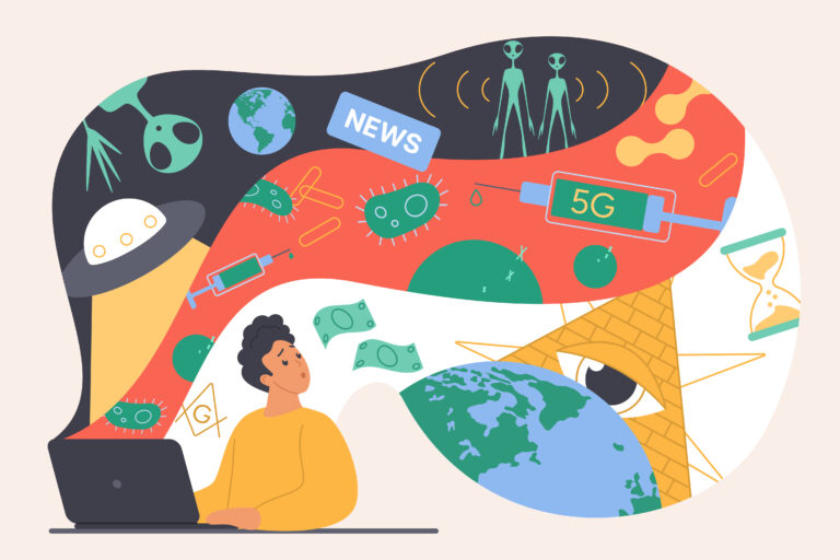 a person sitting at a computer with conspiracy symbols floating around